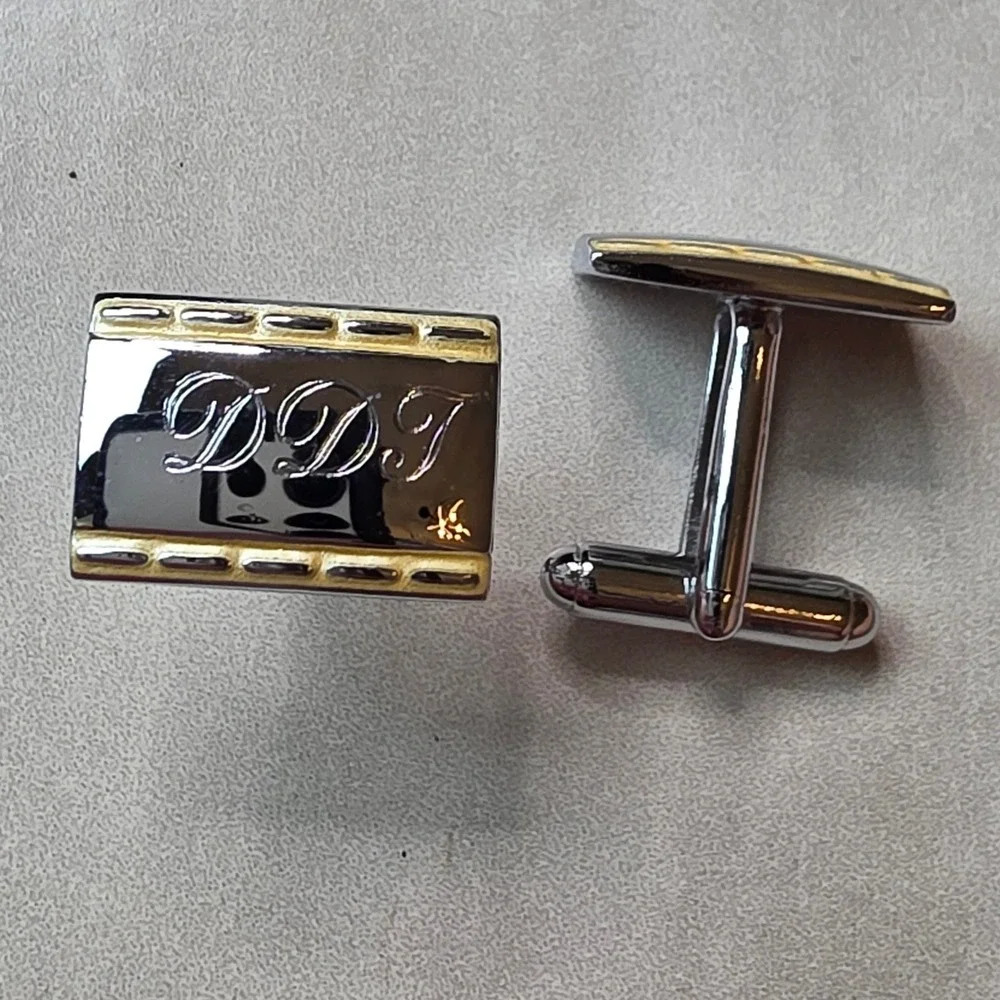 Mens Two Tone Silver Gold Engraved DDT Initial Rectangular Cufflinks F1